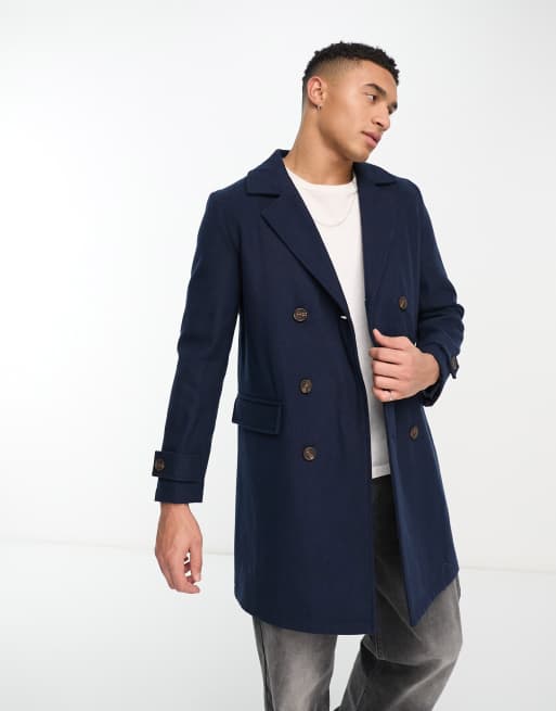 Original Penguin double breasted wool mix overcoat in navy | ASOS