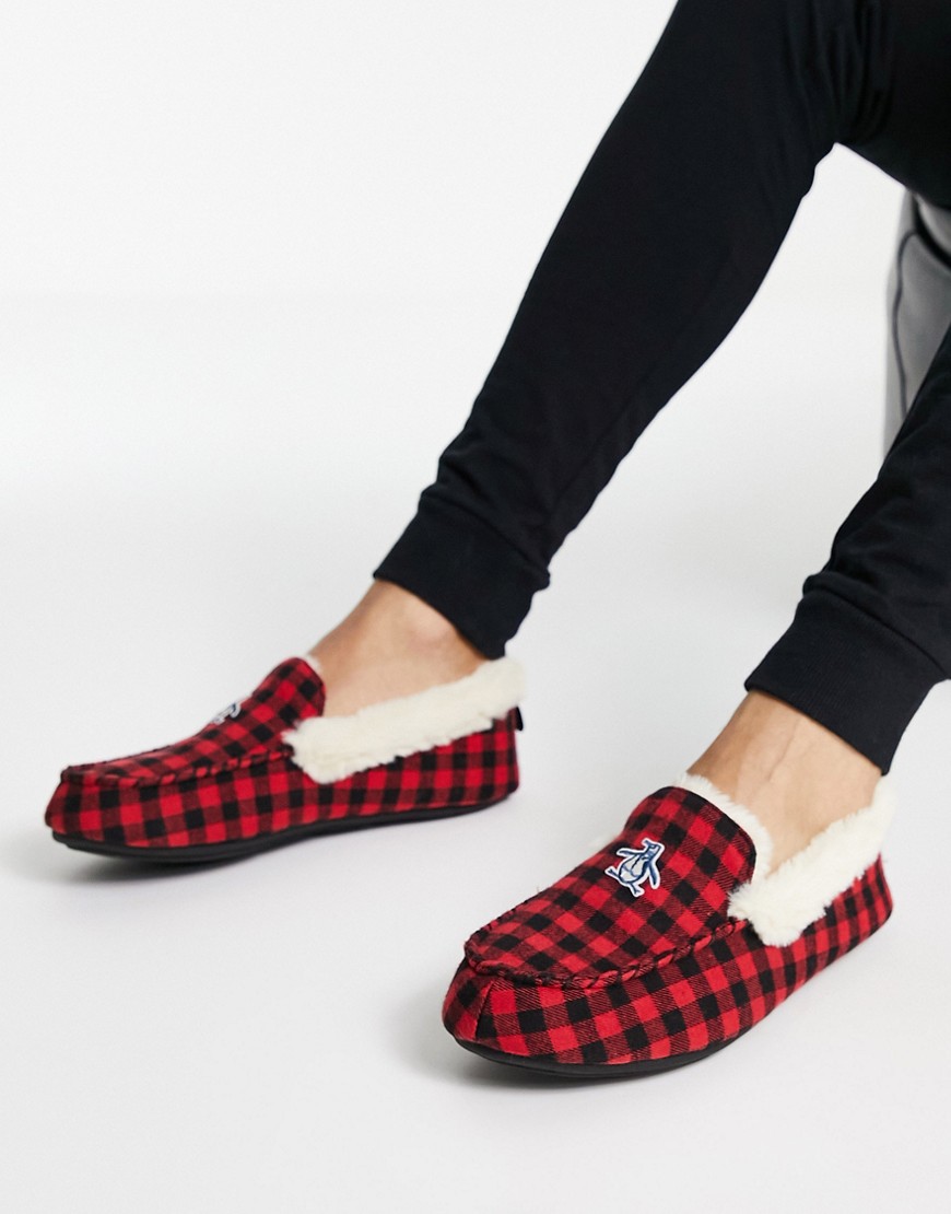 Original Penguin Faux Fur Lined Moccasin Slippers In Red Check