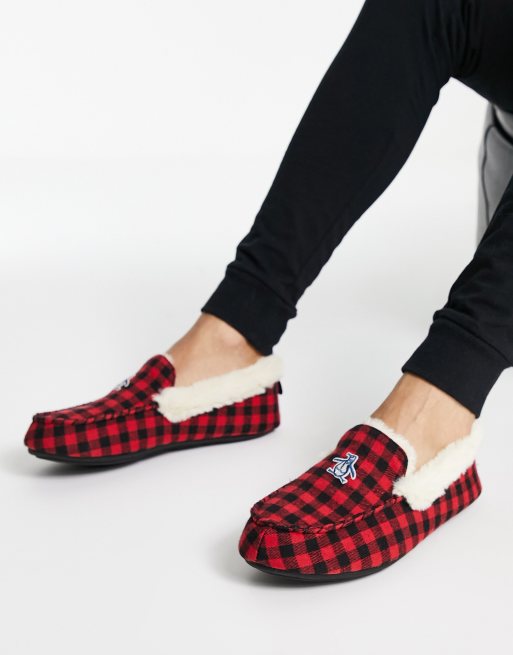 Original Penguin faux fur lined moccasin slippers in red check ASOS