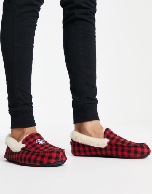 Original Penguin faux fur lined moccasin slippers in red check ASOS