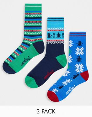 Original Penguin festive fairisle 3 pack Christmas socks in teal