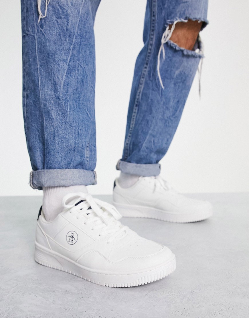 Original Penguin Wide Fit Flatform Logo Lace Up Sneakers In White