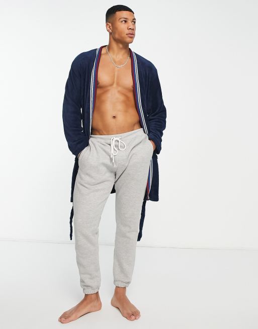 Original Penguin - Fleece badjas in marineblauw met randen met strepen
