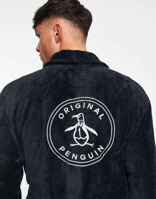 Original Penguin fleece robe with back embroidery in black, 2 of 4