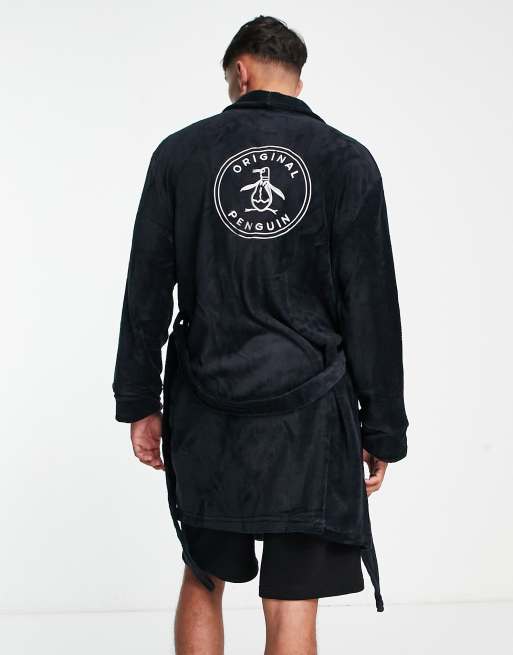 Original Penguin fleece robe with back embroidery in black, 4 of 4