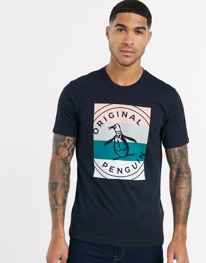 Original Penguin - Gestreept T-shirt met logo in marineblauw