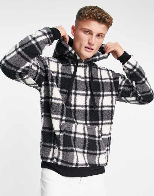 Original Penguin - Hættetrøje i imiteret lammeskind og fleece i sorte/cremehvide tern