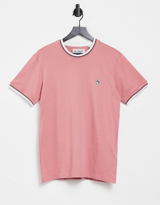 Original Penguin icon logo ringer t-shirt in dusty rose pink