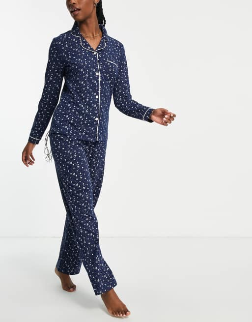 Original Penguin - Lange pyjamaset met knopen en mini pinguïnprint in marineblauw