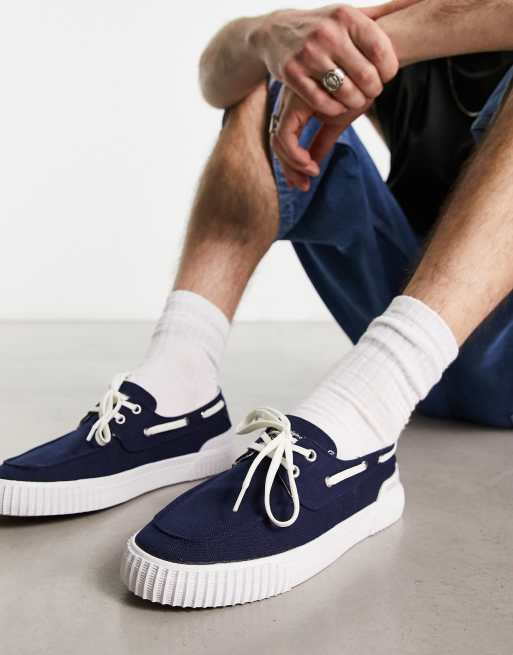 Original Penguin – Lässige Bootsschuhe aus Leinenmischung in Marineblau
