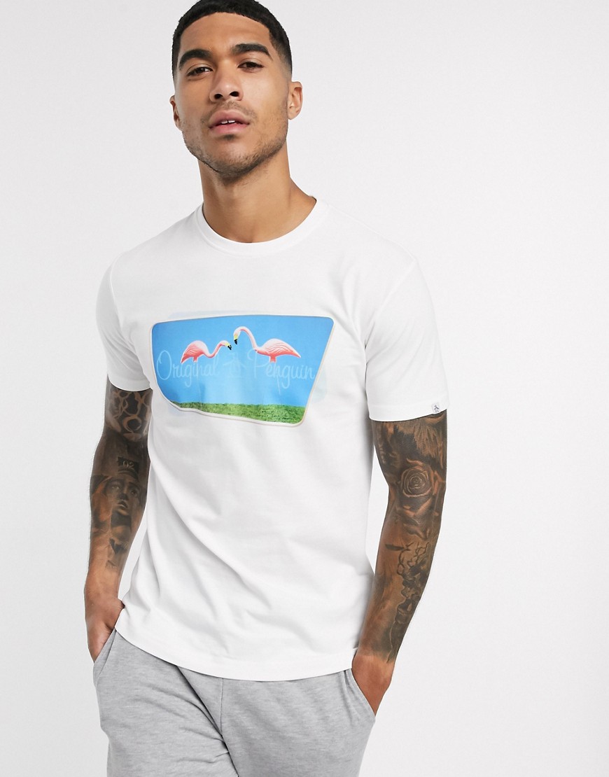 Original Penguin - Lawn - T-shirt met flamingo-fotoprint in wit