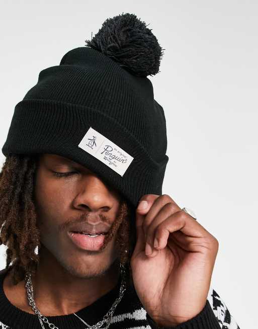 Original Penguin logo bobble beanie hat in black ASOS