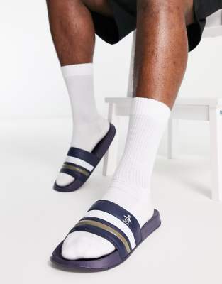 Original Penguin logo sliders in navy retro stripe