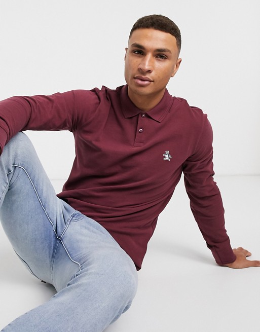 Original Penguin long sleeve polo in burgundy with small logo