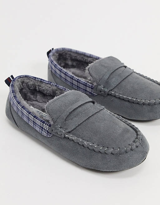 Original Penguin moccasin slippers with check collar in grey