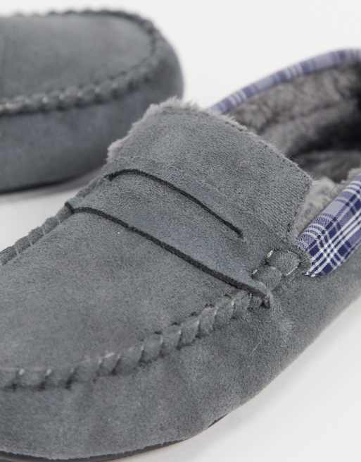 Original Penguin moccasin slippers with check collar in grey