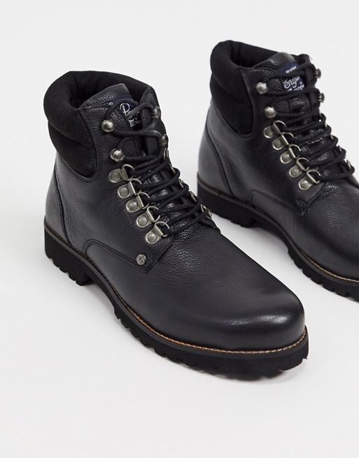 Original Penguin padded collar lace up hiker boots in black leather
