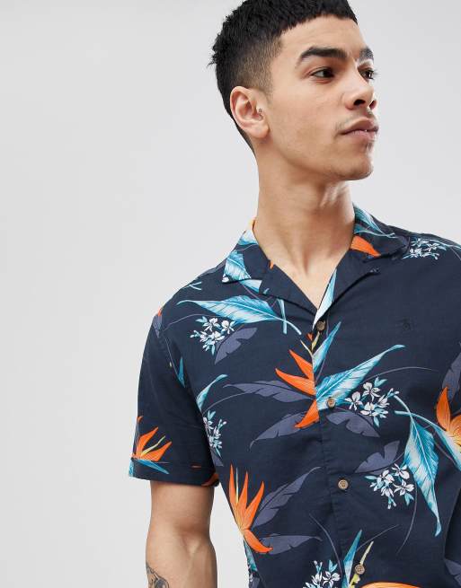 Original Penguin Resort Hawaiian Floral Print Short Sleeve Shirt in Navy