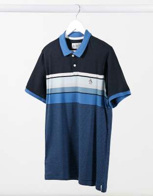 Original Penguin Roadmap Stripe Polo In Navy With Multi Stripe Faoswalim