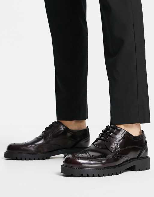 Original Penguin - Scarpe brogue stringate in pelle nera con suola spessa