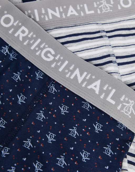 Original Penguin - Set van 3 feestelijke boxershorts in marine en grijs met print, 4 van 4