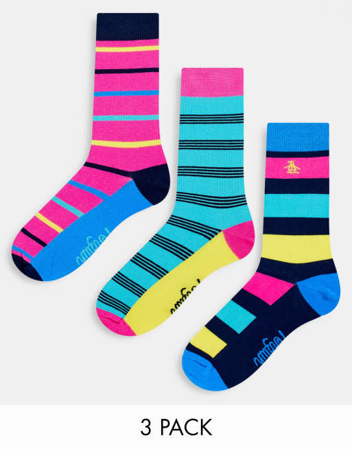 Original Penguin - Set van 3 paar gestreepte sokken in blauw en roze 