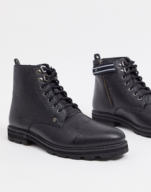 Original Penguin side zip chunky lace up boots in black leather