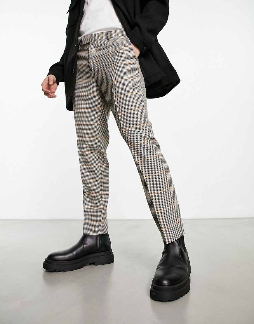 Original Penguin slim cropped smart trousers in black and yellow check