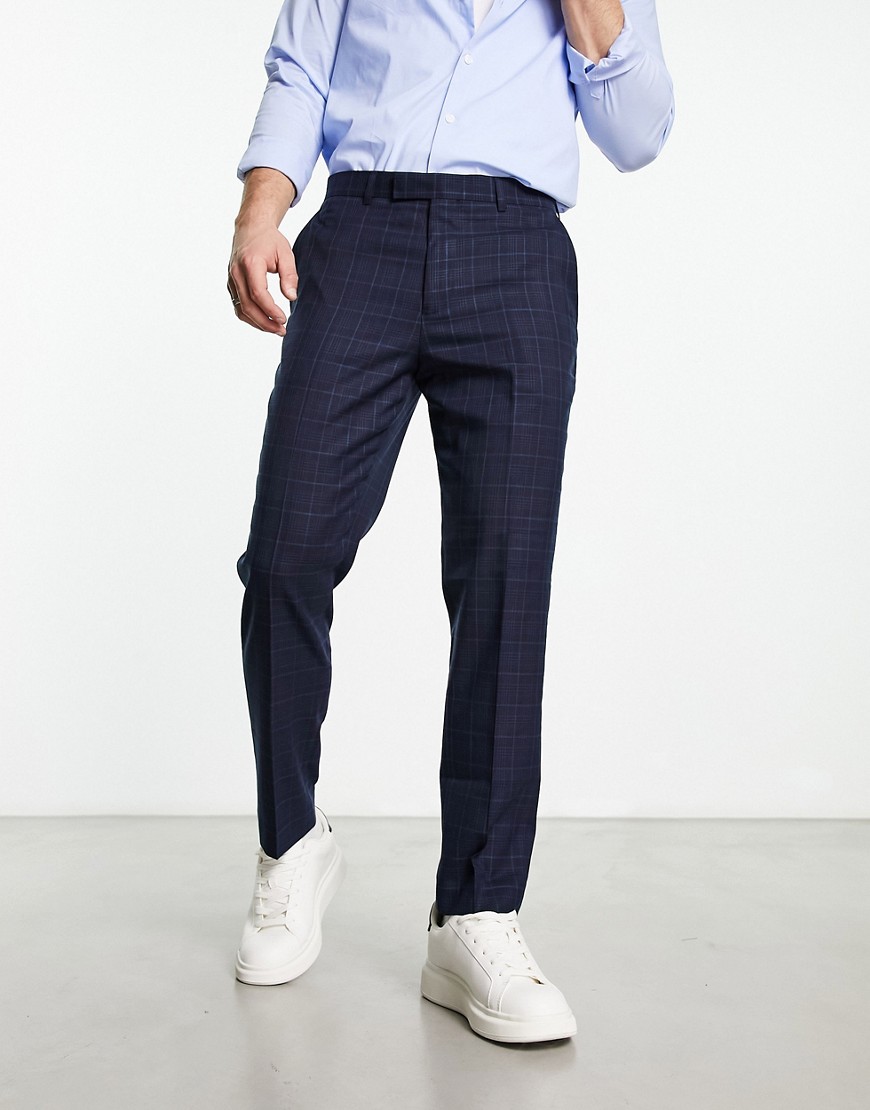 Original Penguin slim cropped smart trousers in blue check-Brown
