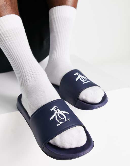 Original Penguin - Slippers met logo en brede pasvorm in marineblauw