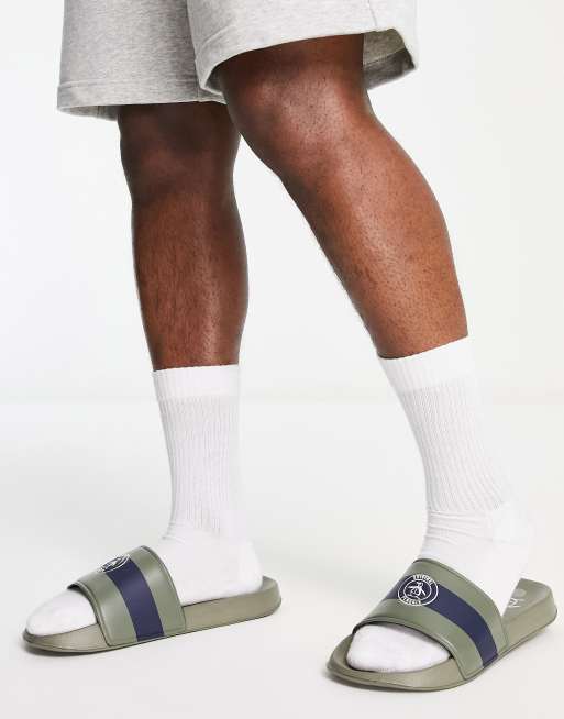Original Penguin stripe sliders in khaki navy mix