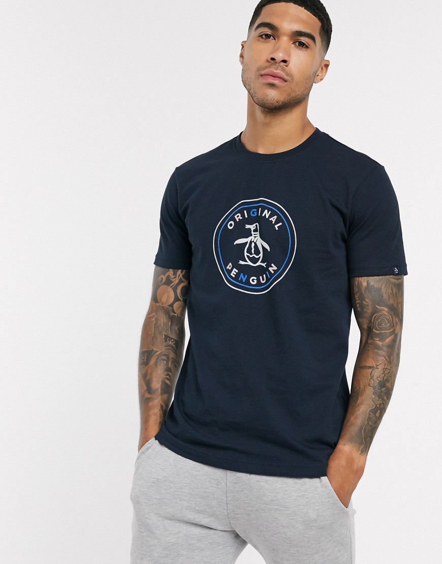 Original Penguin - T-shirt blu navy con logo floccato multi