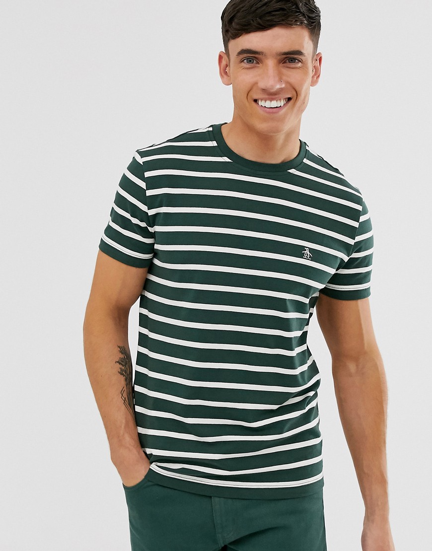 Original Penguin - T-shirt verde a righe con logo