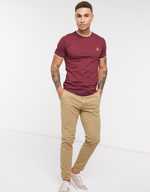 Original Penguin tipped ringer t-shirt in burgundy with small logo