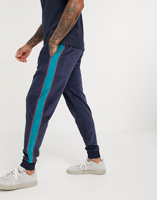 Original Penguin velour contrast side taping cuffed joggers in navy