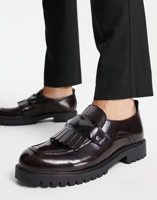 Original Penguin – Vinröda loafers i läder med fransar