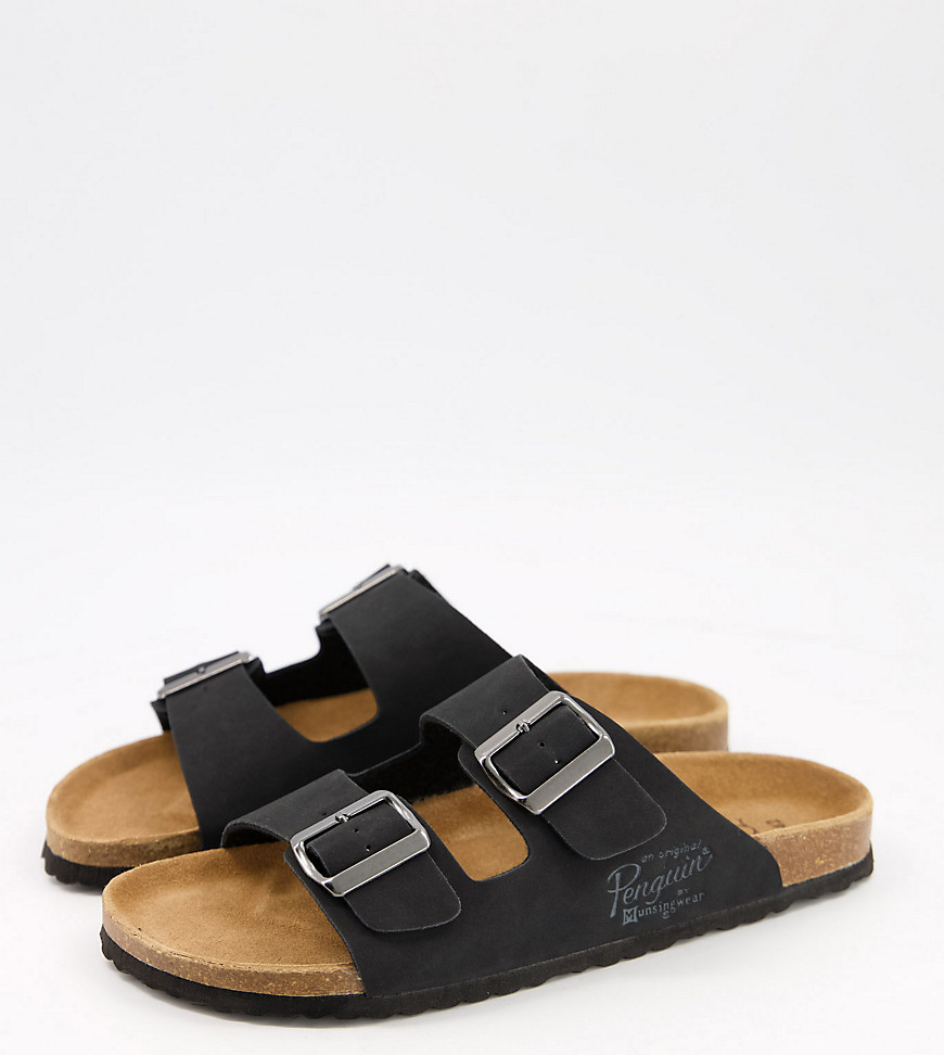 Original Penguin wide fit buckle footbed sandals in brown-Black