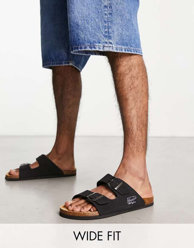 Original Penguin wide fit buckle sandals in black faux leather