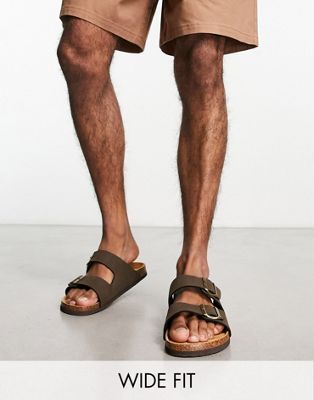 Original Penguin wide fit buckle sandals in brown faux leather