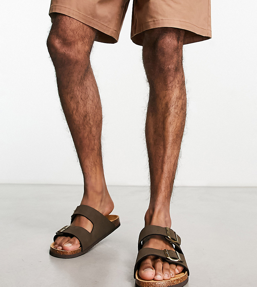 Original Penguin wide fit buckle sandals in brown faux leather
