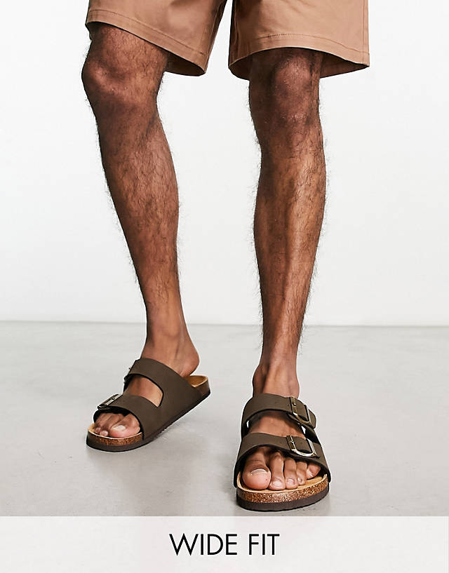 Original Penguin - wide fit buckle sandals in brown faux leather