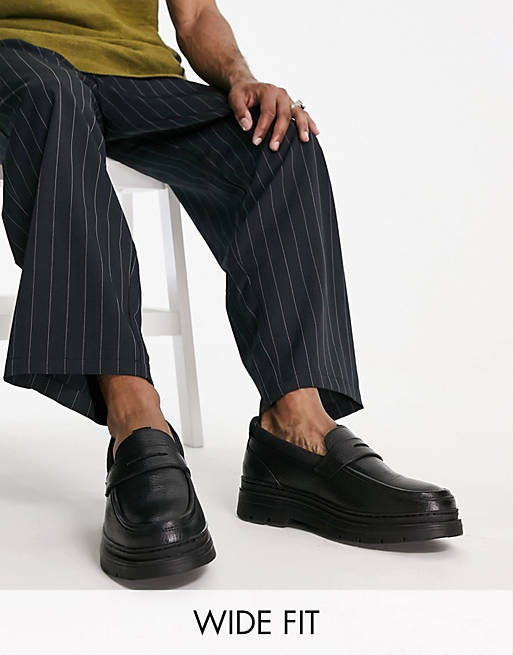 Original Penguin Wide Fit chunky loafers in black leather