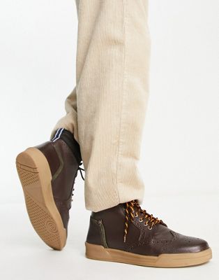 Original Penguin wide fit lace up brogue ankle boots in brown leather - ASOS Price Checker