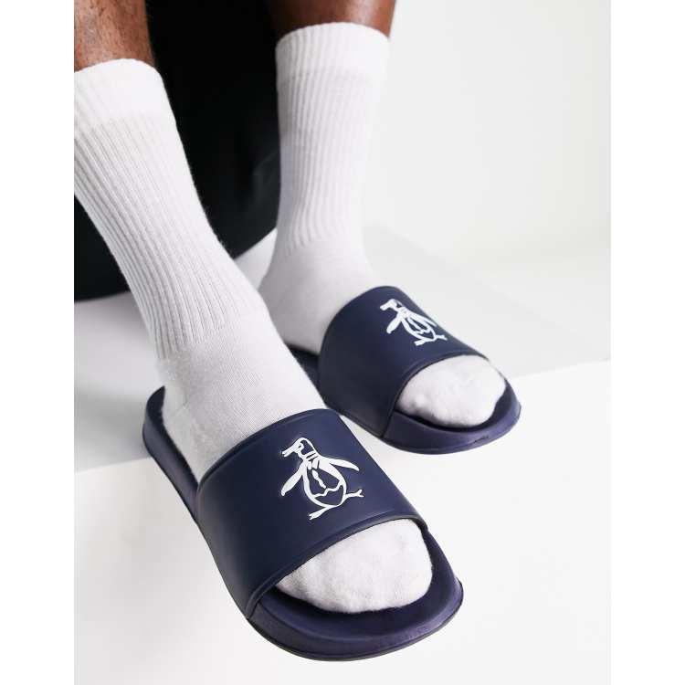 Original Penguin wide fit logo sliders in navy