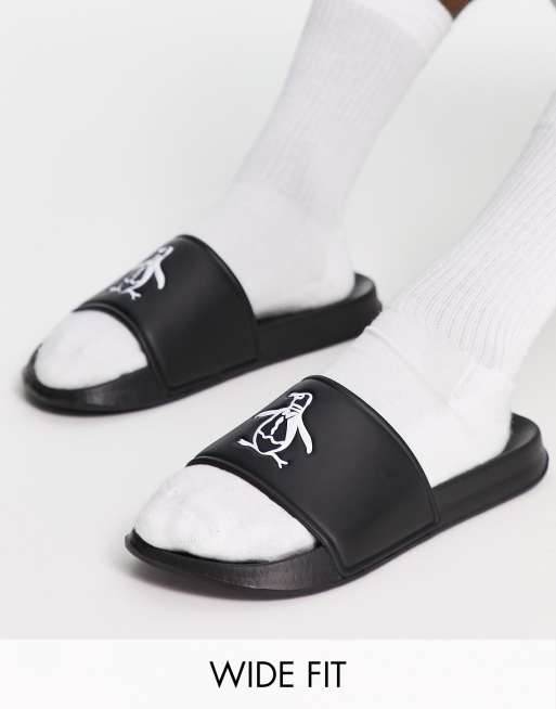 Original Penguin wide fit logo slides in black 