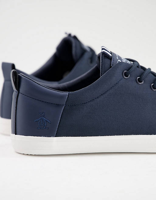 Original Penguin wide fit minimal lace up trainers in navy