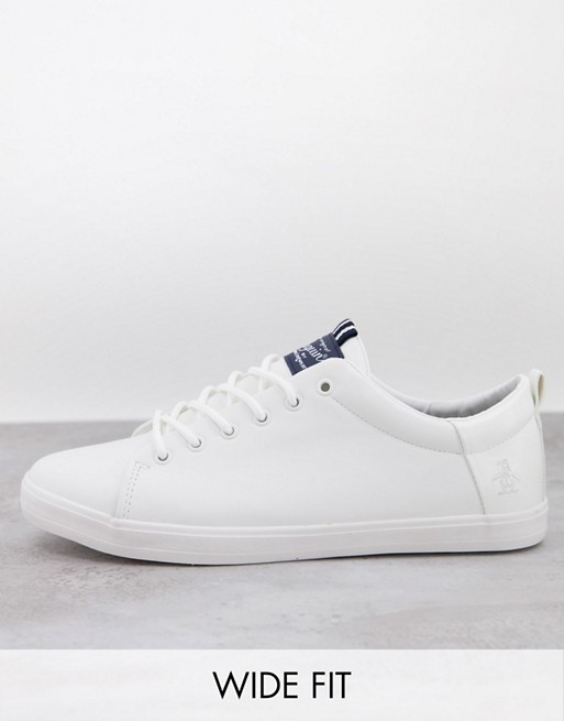 Original Penguin wide fit minimal lace up trainers in white