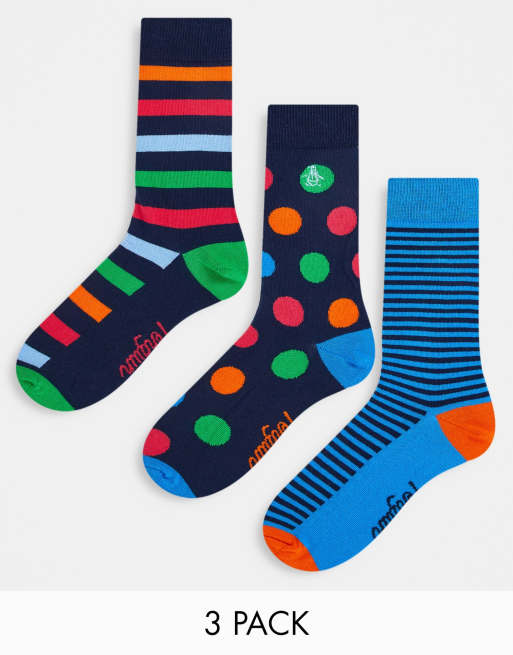 Original Penguin – Zestaw 3 par niebiesko-pomarańczowych skarpetek w paski i kropki 