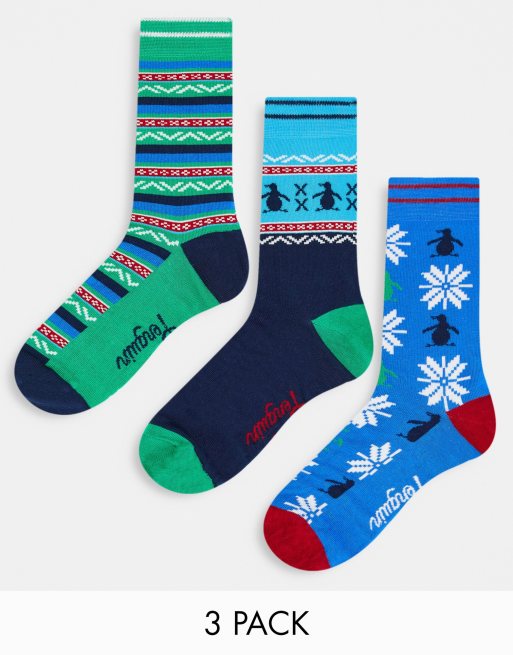 Original Penguin – Zestaw 3 par turkusowych skarpetek w świąteczny skandynawski wzór