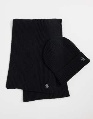 ORIGINAL PENGUIN S COLONY BOXED HAT AND SCARF SET IN BLACK AND SILVER GRAY